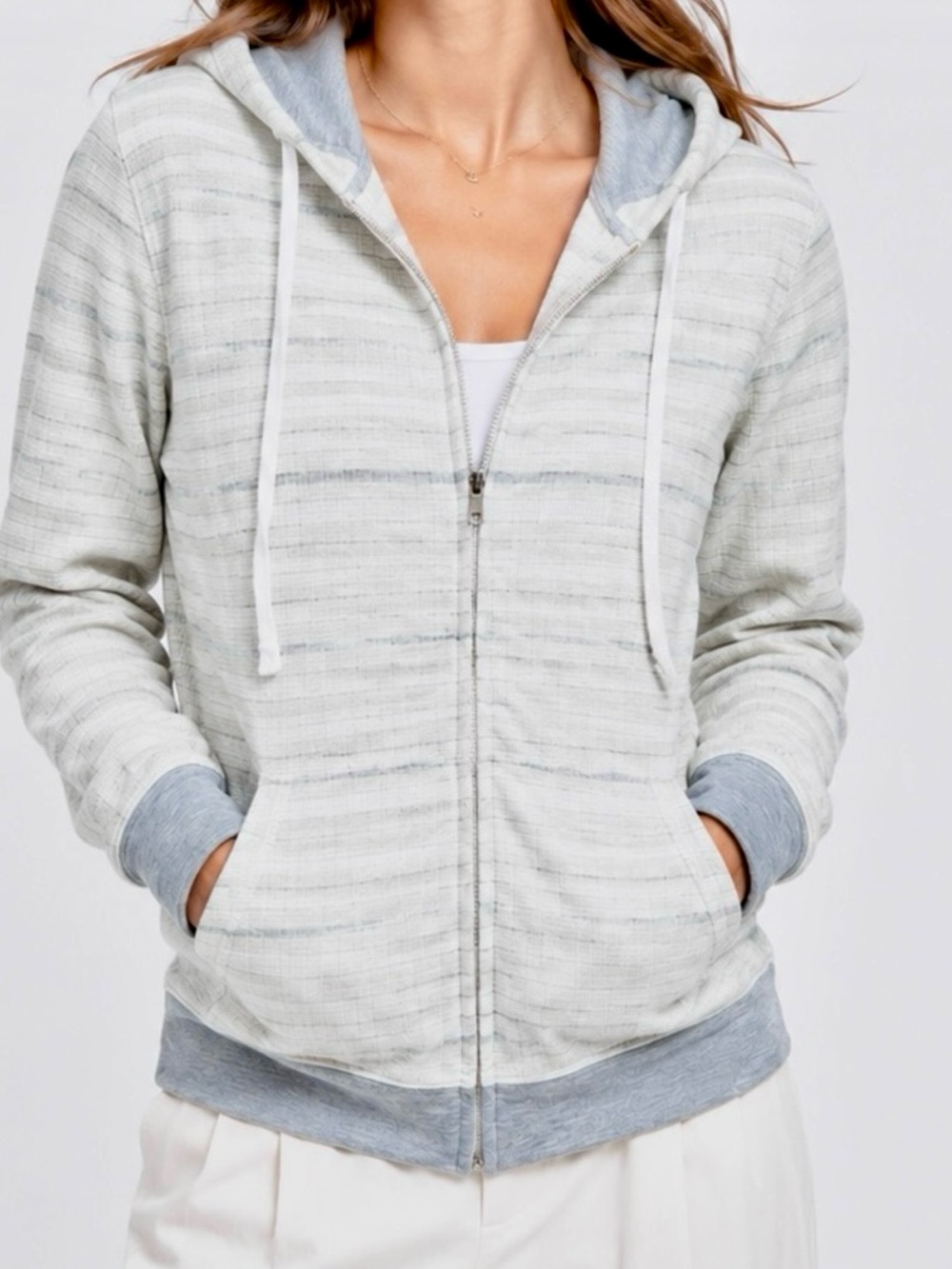 DANIEL BUCHLER Lightweight Off-White Grey Stripe Zip-Up Hoodie Sweatshirt Jacket